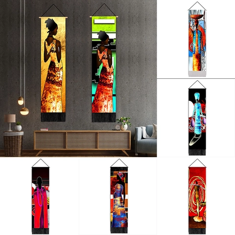 Tapiz de Pared Silueta Mujer Africana Poliéster Algodón Rollo Largo Arte Con Poste Madera Borlas Decoración Hogar