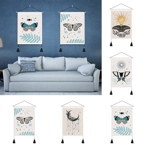Bohemian Butterfly Moon Phase Tapestry Moth Sun Wall Hanging Polyester Cotton Poster Tassel Wood Pole For Home Wall Decor