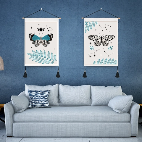 Bohemian Butterfly Moon Phase Tapestry Moth Sun Wall Hanging Polyester Cotton Poster Tassel Wood Pole For Home Wall Decor