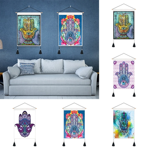 Hamsa Hand Evil Eye Wall Hanging Tapestry Polyester Cotton Bohemian Mandala Decor For Home With Wood Rod Tassels