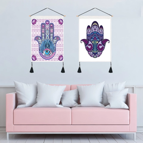 Hamsa Hand Evil Eye Wall Hanging Tapestry Polyester Cotton Bohemian Mandala Decor For Home With Wood Rod Tassels