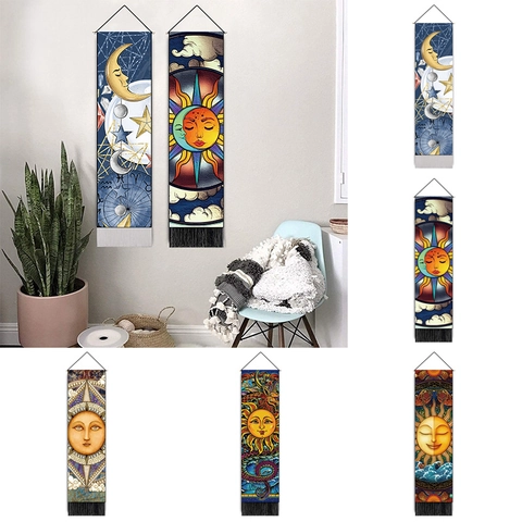Hangend Wandtapijt Astrologie Zon Maan Met Houten Stok En Kwastje Scandinavische Boheemse Muurkunst Decor