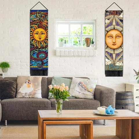 Hangend Wandtapijt Astrologie Zon Maan Met Houten Stok En Kwastje Scandinavische Boheemse Muurkunst Decor
