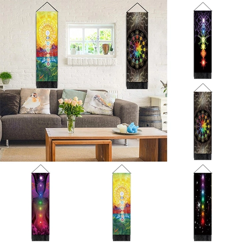 Chakra Wandteppich Wandbehang Mit Holzstab Und Quasten Meditation Yoga Raum Dekor Mandala Sternenhimmel Vertikales Banner