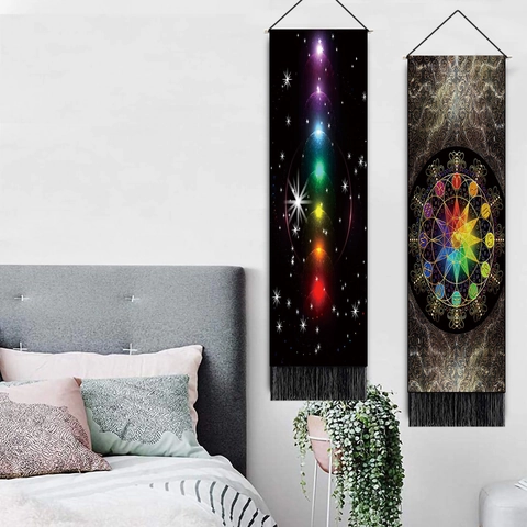 Chakra Wandteppich Wandbehang Mit Holzstab Und Quasten Meditation Yoga Raum Dekor Mandala Sternenhimmel Vertikales Banner