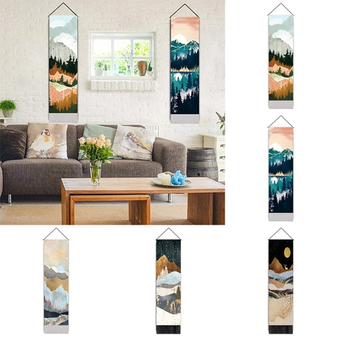 Abstract Landscape Hanging Tapestry Vertical Long Scroll Wall Art With Wood Rod Tassel Polyester Cotton Home Decor
