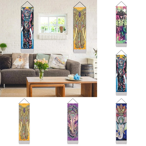 Bohemian Indian Elephant Mandala Wall Hanging Tapestry Vertical Ethnic Decorative Scroll With Wood Pole And Tassel