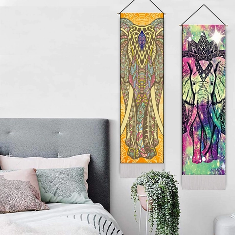 Bohemian Indian Elephant Mandala Wall Hanging Tapestry Vertical Ethnic Decorative Scroll With Wood Pole And Tassel
