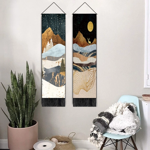 Abstract Landscape Hanging Tapestry Vertical Long Scroll Wall Art With Wood Rod Tassel Polyester Cotton Home Decor