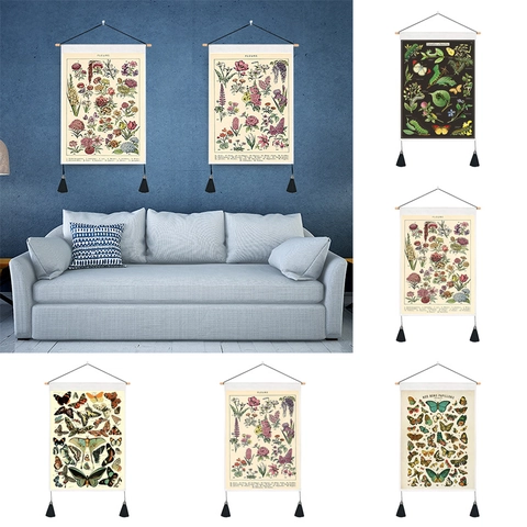 Vintage Wissenschaftliche Illustration Wandteppich Mit Holzstange Quasten Retro Blume Schmetterling Polyester Baumwolle Poster Home Decor