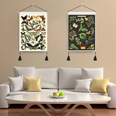 Vintage Wissenschaftliche Illustration Wandteppich Mit Holzstange Quasten Retro Blume Schmetterling Polyester Baumwolle Poster Home Decor