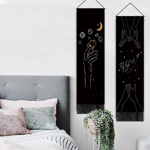 Modern Minimalist Line Art Polyester Tapestry With Tassels Celestial Moon Star Sunflower Hand Wall Hanging Decor Home Art Scroll