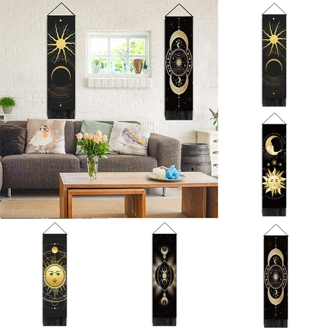 Bohemian Wall Hanging Tapestry Cotton Polyester Celestial Sun Moon Print Vertical Decor With Wood Pole And Tassels