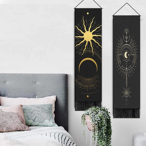 Bohemian Wall Hanging Tapestry Cotton Polyester Celestial Sun Moon Print Vertical Decor With Wood Pole And Tassels