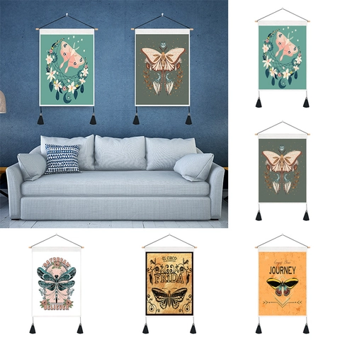 Vintage Bohemian Wall Hanging Tapestry Cotton Polyester Fabric With Wood Rod Tassel Butterfly Moth Botanical Art Decor Home