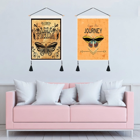 Vintage Bohemian Wall Hanging Tapestry Cotton Polyester Fabric With Wood Rod Tassel Butterfly Moth Botanical Art Decor Home