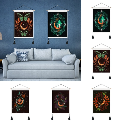 Butterfly Moon Mystic Mushroom Hanging Tapestry Polyester Cotton Wall Art With Wood Pole And Tassels Astrology Decor