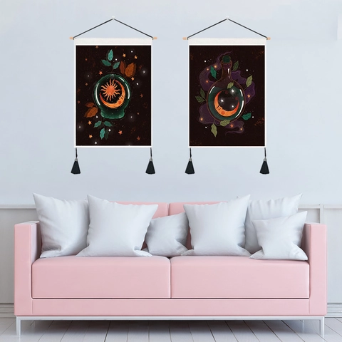 Butterfly Moon Mystic Mushroom Hanging Tapestry Polyester Cotton Wall Art With Wood Pole And Tassels Astrology Decor