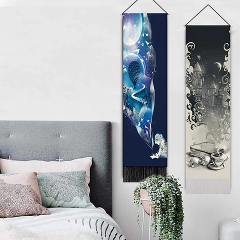 Vertical Wall Hanging Tapestry Dreamy Moon Magic Castle Print Polyester Cotton With Wood Rod And Tassel Home Decor