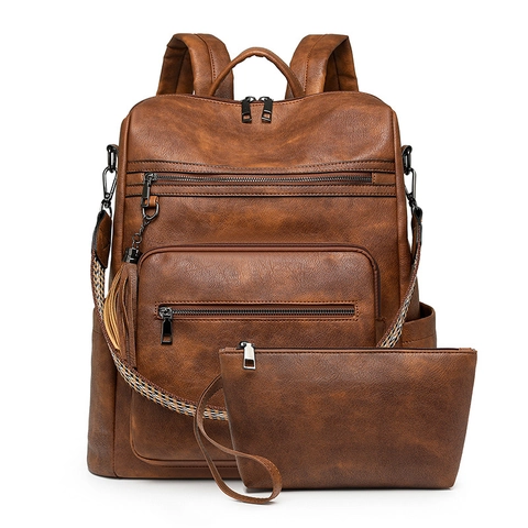 Women Retro PU Leather Backpack And Pouch Leopard Print Large Capacity Laptop Bag Bohemian Strap Multi Pocket Tassel Fashion