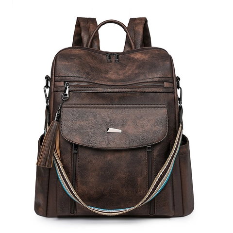 Women Vintage PU Leather Backpack Large Capacity Multi Functional Shoulder Bag With Tribal Strap Tassel Fashion Travel