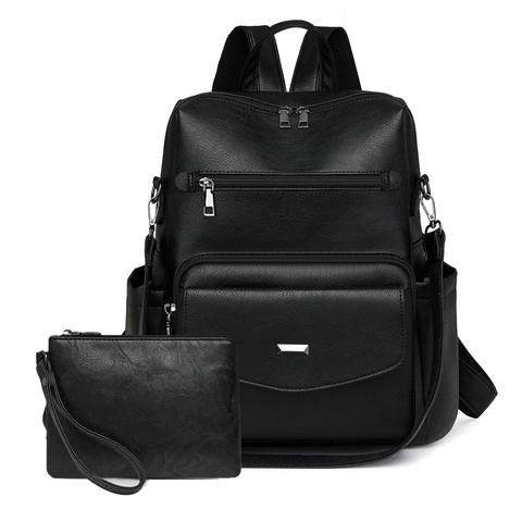 Women's Vintage PU Leather Backpack And Handbag Large Capacity Multi Pocket Casual Travel Daypack With Matching Clutch