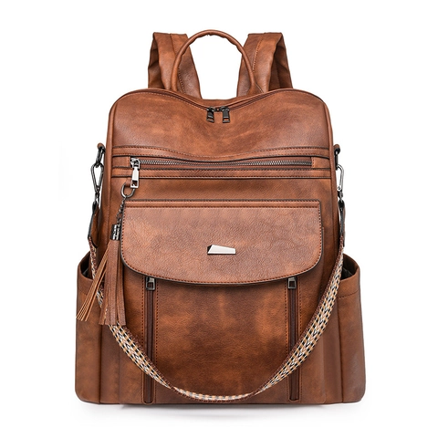 Vintage Large Capacity PU Leather Women Backpack Multi-functional Laptop Bag With Ethnic Woven Strap Tassel Decoration Casual Travel Rucksack