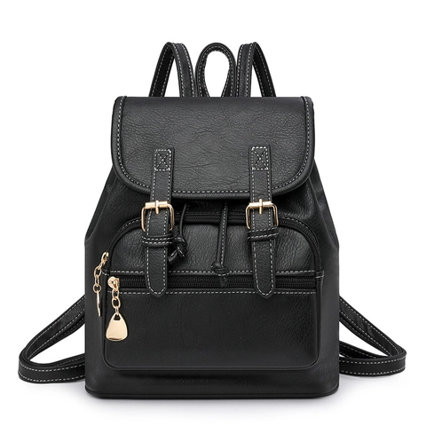 Sac À Dos Vintage Femme Cuir PU Texture Litchi Boucle Cordon Style Collège Décontracté Pour Dames