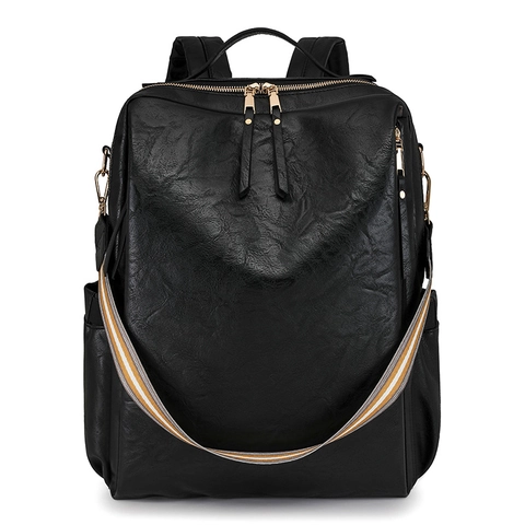 Women Retro PU Leather Backpack Fashion Multi Pocket Travel Rucksack With Striped Shoulder Strap Functional