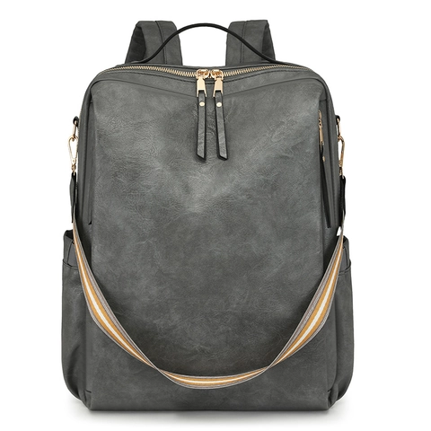Women Retro PU Leather Backpack Fashion Multi Pocket Travel Rucksack With Striped Shoulder Strap Functional