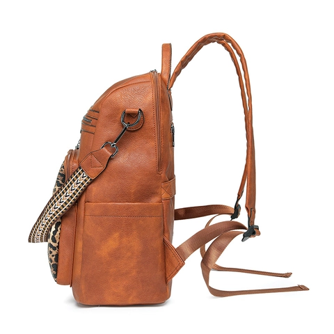 Women Retro PU Leather Backpack And Pouch Leopard Print Large Capacity Laptop Bag Bohemian Strap Multi Pocket Tassel Fashion