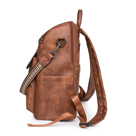 Vintage Large Capacity PU Leather Women Backpack Multi-functional Laptop Bag With Ethnic Woven Strap Tassel Decoration Casual Travel Rucksack