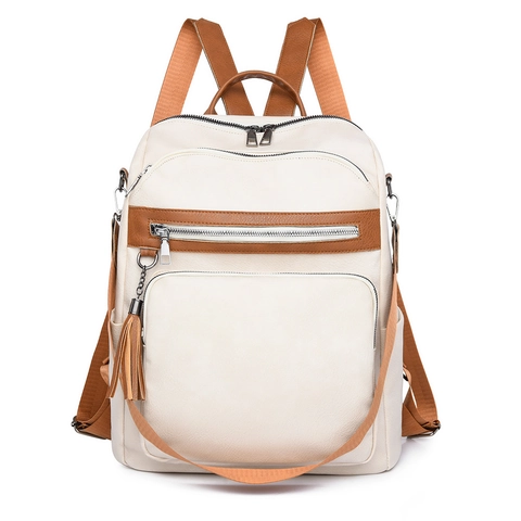 Zaino Moda Donna Pelle PU Trama Litchi Grande Capacità Tasche Multiple Decorazione Nappa Stile Urbano Minimalista