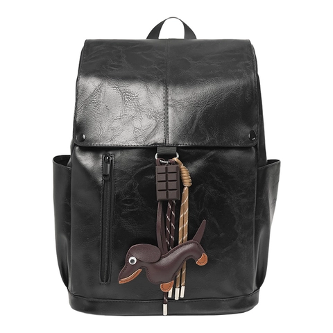 Retro PU Leather Backpack Large Capacity Flap Closure Casual Travel School Bag With Cute Dog Charm For Women