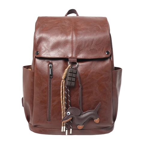 Retro PU Leather Backpack Large Capacity Flap Closure Casual Travel School Bag With Cute Dog Charm For Women
