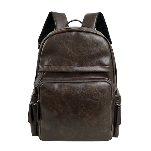 Vintage PU Leather Backpack Large Capacity Retro College School Bag Casual Travel Waterproof Rucksack For Men
