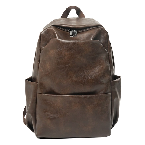 Sac à Dos en Cuir PU Rétro Grande Capacité Couleur Unie Sac de Voyage Décontracté pour Hommes Femmes Convient pour Ordinateur 14 Pouces
