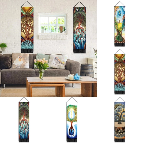Tapisserie Verticale Arbre De Vie Polyester Coton Suspension Murale Avec Tige En Bois Glands Art Nordique Décor