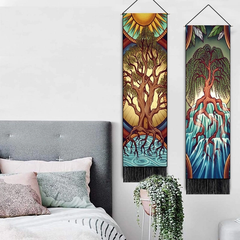 Tapisserie Verticale Arbre De Vie Polyester Coton Suspension Murale Avec Tige En Bois Glands Art Nordique Décor