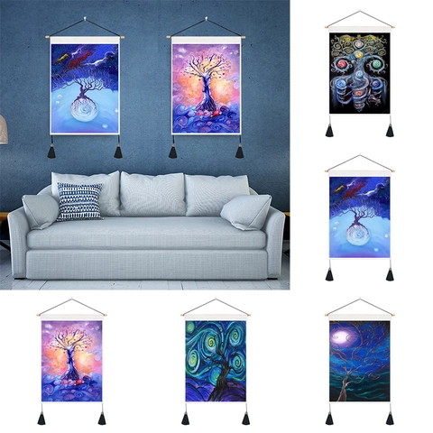 Tree Of Life Wall Hanging Tapestry With Wooden Rod And Tassels Nordic Abstract Starry Night Mystery Fabric Scroll Painting