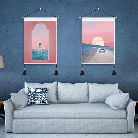 Surrealistischer Astronaut Wandteppich Polyester Baumwolle Leinwand Mit Holzstab Quasten Rosa Mond Kunst Home Dekor