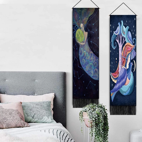 Tapiz de Pared Artístico Sol Luna Cielo Estrellado Diosa Con Borlas Algodón Poliéster Místico Fantasía Chica Decoración Hogar