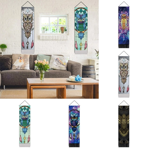 Owl Dreamcatcher Tapestry Wall Hanging Bohemian Mandala Starry Sky Decorative Textile With Wood Rod And Tassels