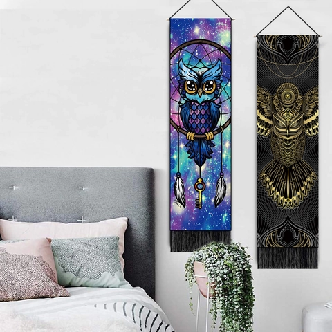 Owl Dreamcatcher Tapestry Wall Hanging Bohemian Mandala Starry Sky Decorative Textile With Wood Rod And Tassels
