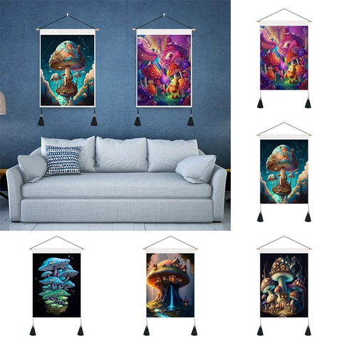 Pilz Wandteppich Wandbehang Scroll Psychedelisch Verträumt Wald Haus Polyester Baumwolle Stoff Holzstab Quasten