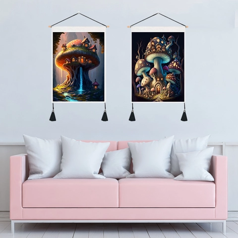 Pilz Wandteppich Wandbehang Scroll Psychedelisch Verträumt Wald Haus Polyester Baumwolle Stoff Holzstab Quasten