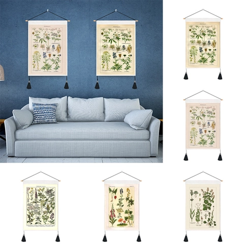 Vintage Botanical Illustration Wall Tapestry Polyester Cotton Hanging Scroll Wood Pole Tassel Home Decor Aesthetic Art