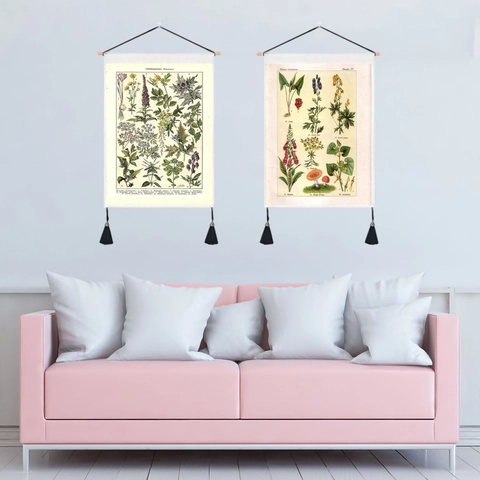 Vintage Botanical Illustration Wall Tapestry Polyester Cotton Hanging Scroll Wood Pole Tassel Home Decor Aesthetic Art