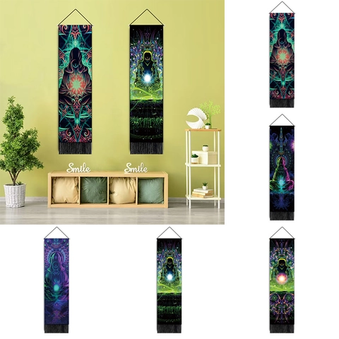 Psychedelic Meditation Tapestry Wall Hanging Long Vertical Polyester Cotton Mandala Art Decor With Wood Pole And Tassel