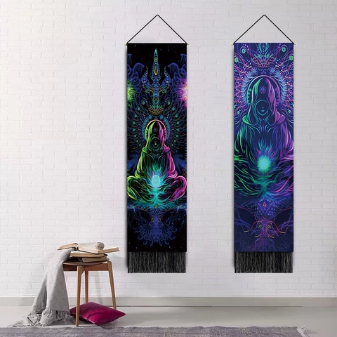Psychedelic Meditation Tapestry Wall Hanging Long Vertical Polyester Cotton Mandala Art Decor With Wood Pole And Tassel